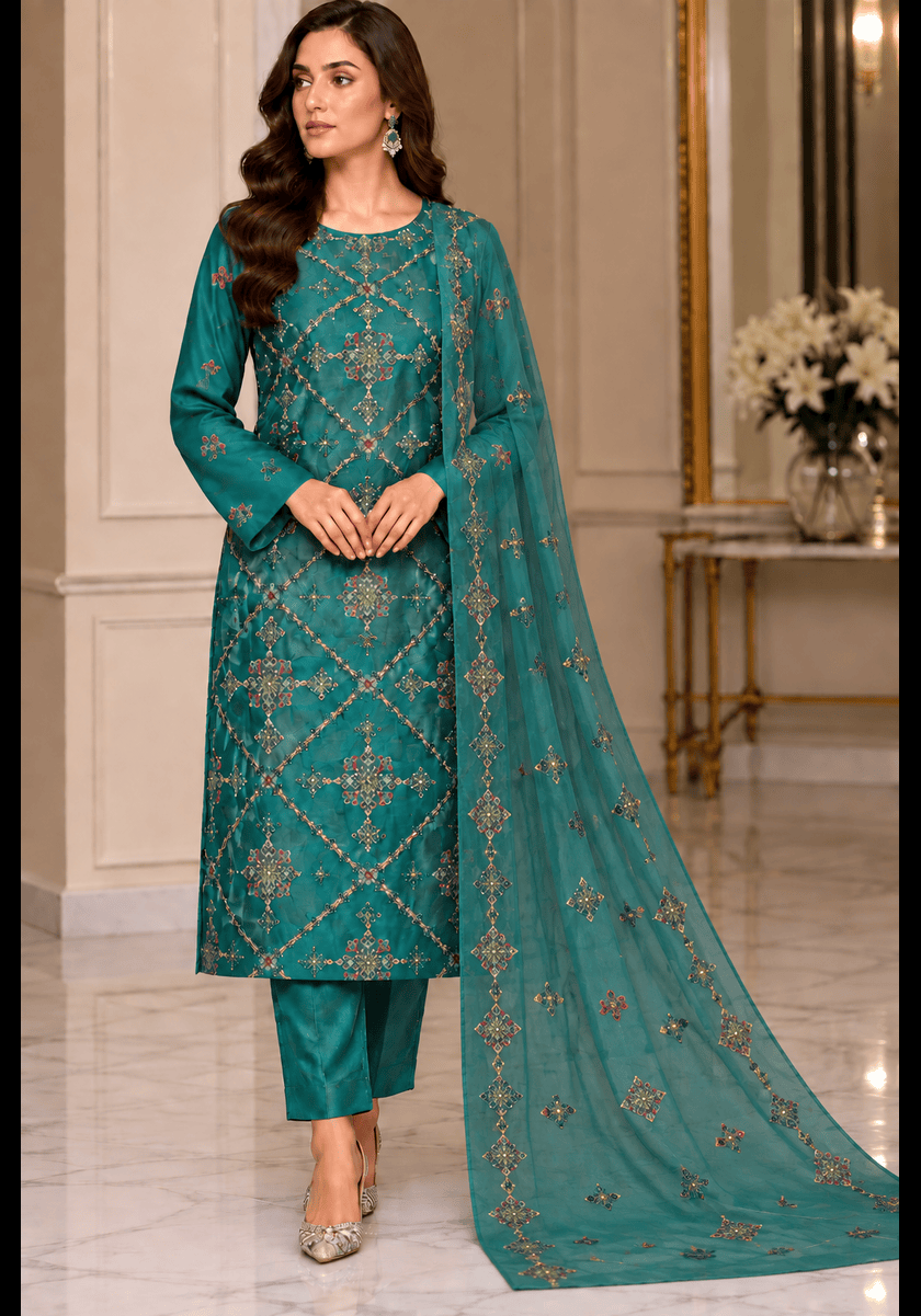 Teal Green Silk Handmade 3 Piece Suit With Chiffon Dupatta Teal green silk handmade 3 piece suit with matching embroidered chiffon dupatta