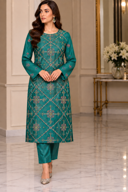 Teal green silk handmade embroidered 3 piece suit front pose without dupatta