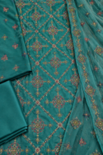 Teal green silk unstitched fabric with multicolor handmade handwork embroidery